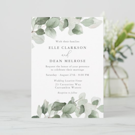 Elegante groene bladeren moderne bruiloft kaart (Staand voorkant)