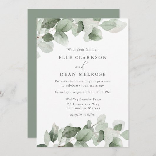Elegante groene bladeren moderne bruiloft kaart (Voorkant / Achterkant)
