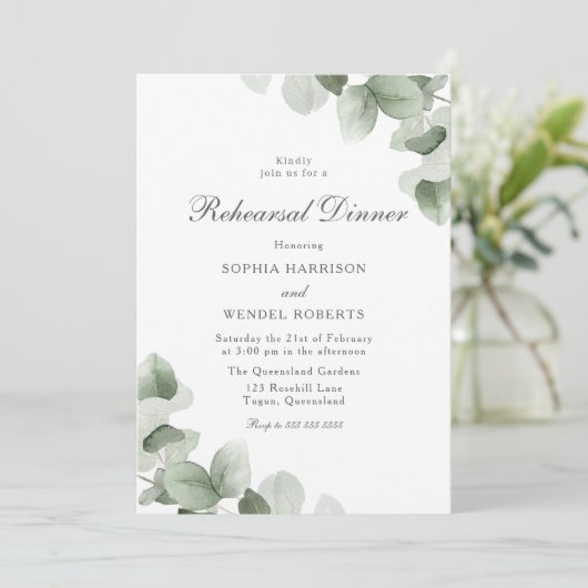 Elegante groene bladeren proefbruiloftsdiner kaart (Staand voorkant)