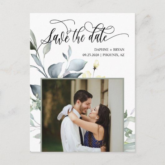 Elegante groene bladeren QR-code foto save the dat Aankondigingskaart (Voorkant)