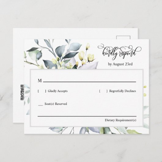 Elegante groene bladeren QR Code Retouradres RSVP Briefkaart (Voorkant / Achterkant)