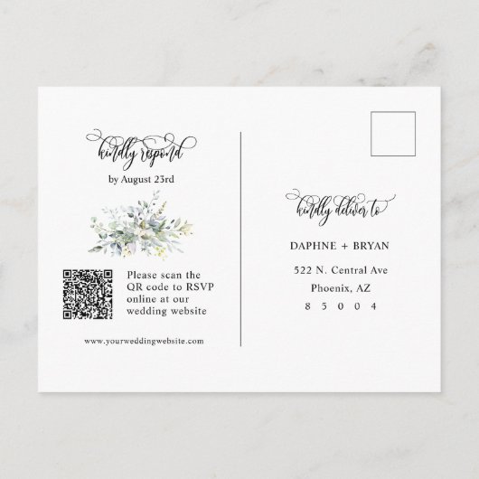 Elegante groene bladeren QR Code Retouradres RSVP Briefkaart (Achterkant)