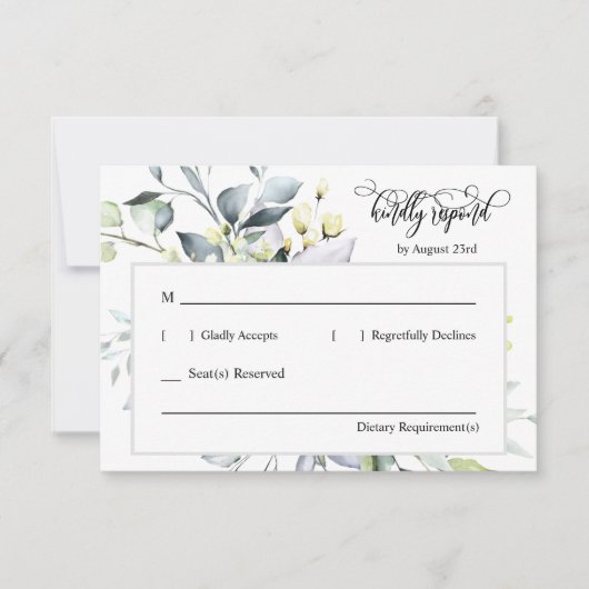 Elegante Groene Bladeren Reactie met Adres Achterz RSVP Kaartje (Voorkant)