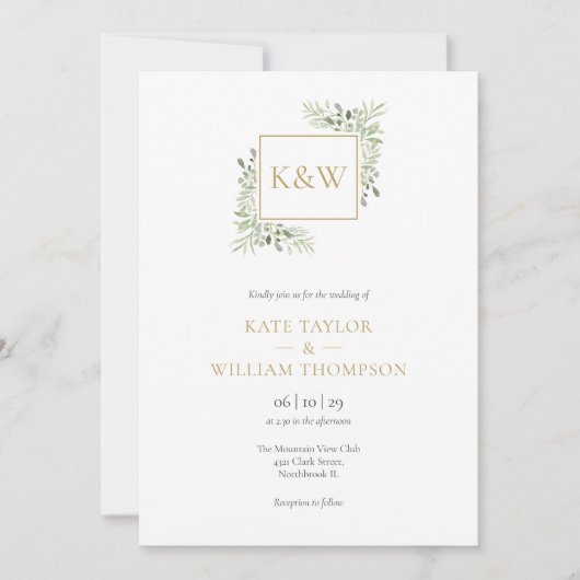 Elegante groene bladmonogram bruiloft kaart (Voorkant)