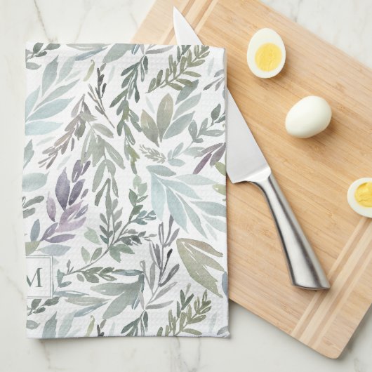 Elegante groene blauwe botanische Waterverf Theedoek (Quarter Fold)