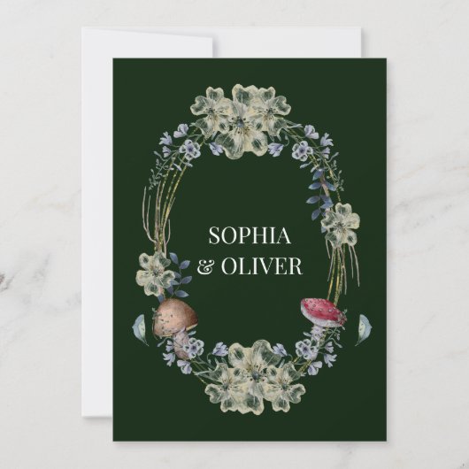 Elegante Groene Bloem en Paddestoel Krans Bruiloft Kaart (Voorkant)