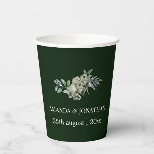 Elegante Groene Bloem en Paddestoel Krans Bruiloft Papieren Bekers (Links)