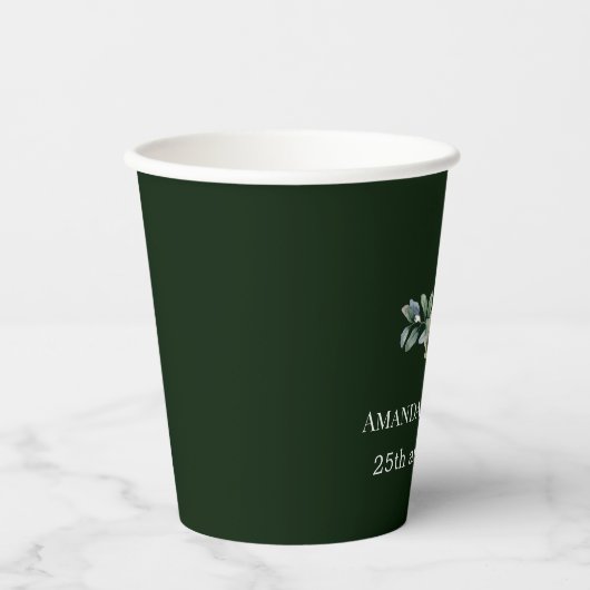 Elegante Groene Bloem en Paddestoel Krans Bruiloft Papieren Bekers (Voorkant)