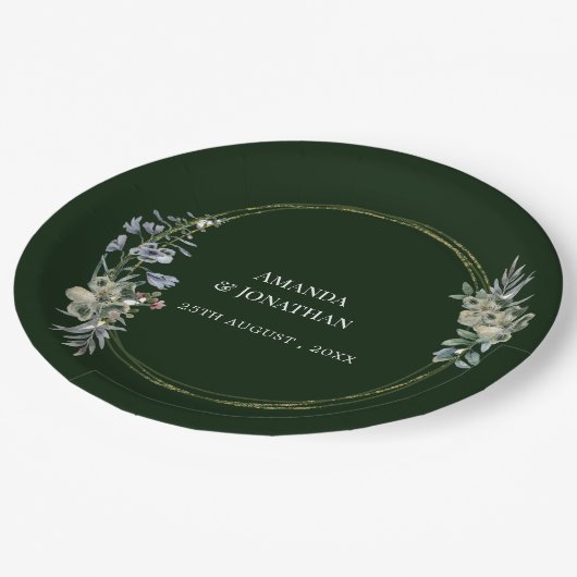 Elegante Groene Bloem en Paddestoel Krans Bruiloft Papieren Bordje (Gekanteld)