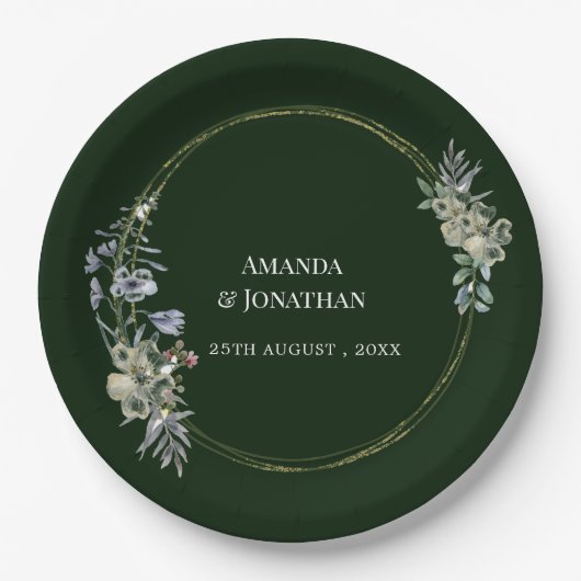 Elegante Groene Bloem en Paddestoel Krans Bruiloft Papieren Bordje (Voorkant)