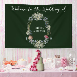 Elegante Groene Bloem en Paddestoel Krans Bruiloft Spandoek