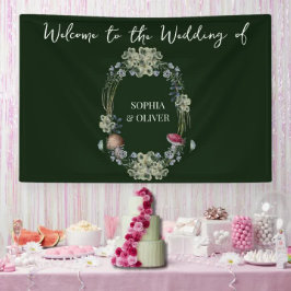 Elegante Groene Bloem en Paddestoel Krans Bruiloft Spandoek