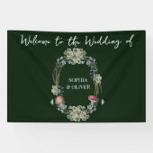 Elegante Groene Bloem en Paddestoel Krans Bruiloft Spandoek (Horizontaal)