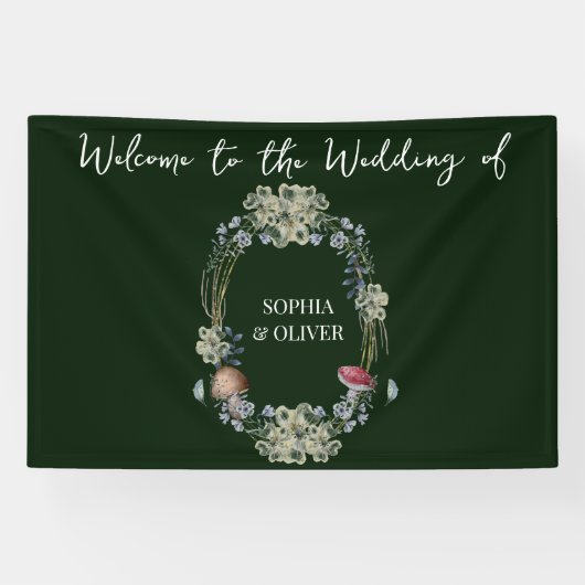 Elegante Groene Bloem en Paddestoel Krans Bruiloft Spandoek (Horizontaal)