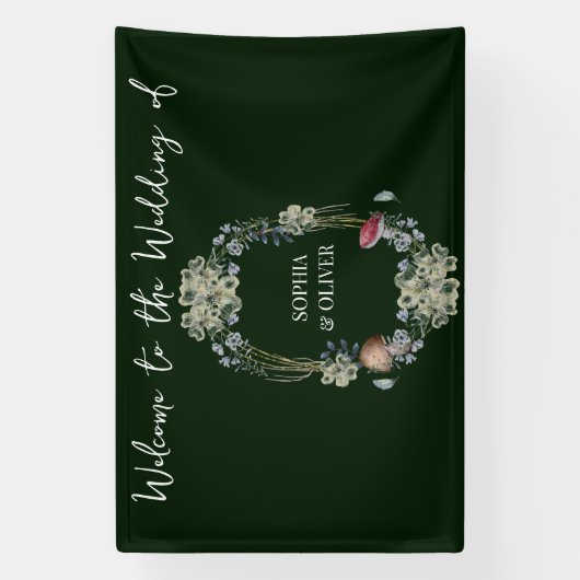 Elegante Groene Bloem en Paddestoel Krans Bruiloft Spandoek (Verticaal)