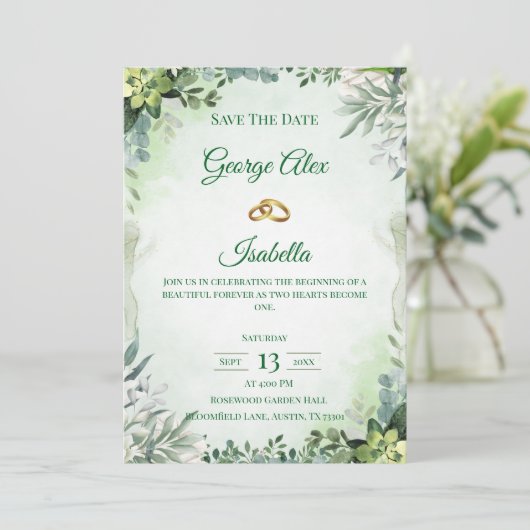 Elegante groene bloem Save the Date Wedding (Staand voorkant)