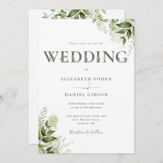 Elegante groene bloem typografie bruiloft kaart (Voorkant / Achterkant)