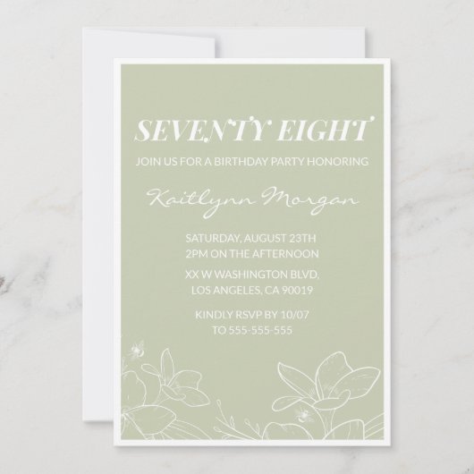 Elegante Groene Bloemen 78ste verjaardag uitnodigi Kaart (Voorkant)