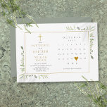 Elegante Groene Bloemen Doop Christeningsfeest Save The Date<br><div class="desc">Deze stijlvolle uitnodiging om de datum van de doop of christening te reserveren bevat een kalender en een mooi gouden liefdeshart dat uw speciale datum benadrukt. Deze kan worden gepersonaliseerd met uw speciale informatie,  met een saliegroene achtergrond aan de achterzijde. Ontworpen door Thisisnotme©</div>