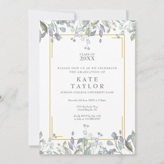 Elegante groene bloemen foto afstudeerfeest kaart (Voorkant)