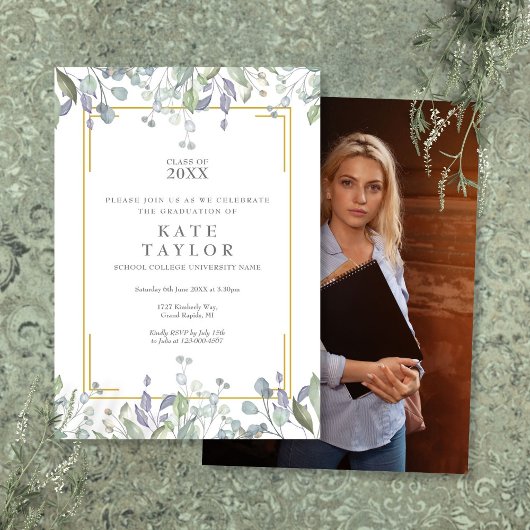 Elegante groene bloemen foto afstudeerfeest kaart