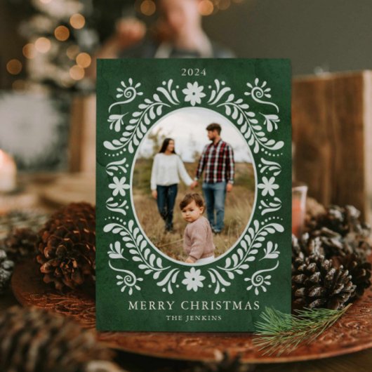 Elegante Groene Bloemen Foto Kerstmis Feestdagenkaart