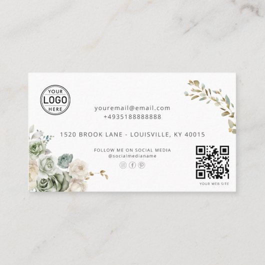 Elegante Groene Bloemen QR Code Sociaal Visitekaar Visitekaartje (Achterkant)