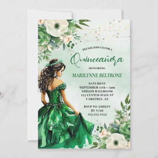 Elegante groene bloemenprinses Quinceañera Kaart (Voorkant)