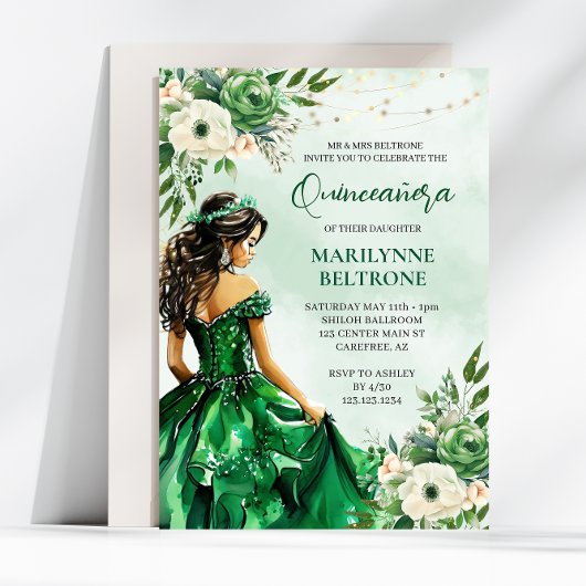 Elegante groene bloemenprinses Quinceañera Kaart
