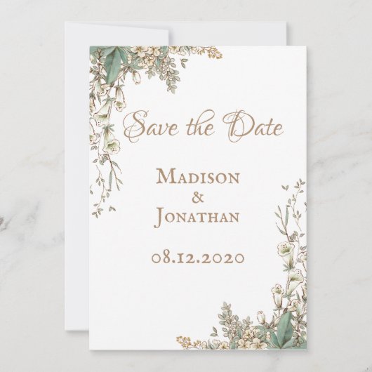 Elegante groene bloemenscript bruiloft save the date (Voorkant)