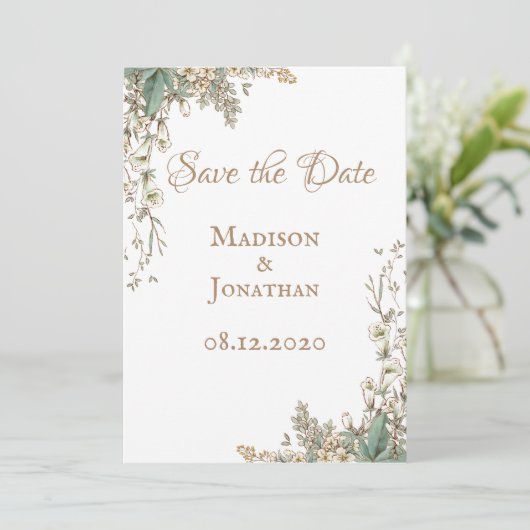 Elegante groene bloemenscript bruiloft save the date (Staand voorkant)