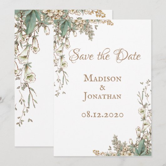 Elegante groene bloemenscript bruiloft save the date (Voorkant / Achterkant)