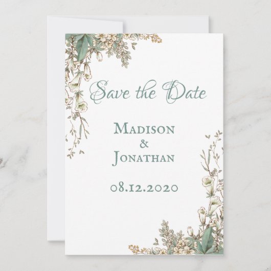 Elegante groene bloemenscriptuur bruiloft save the date (Voorkant)