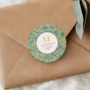 Elegante groene bloemige gouden monogram retouradr ronde sticker