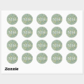 Elegante groene bloemige monogram bruiloft ronde sticker (Vel)