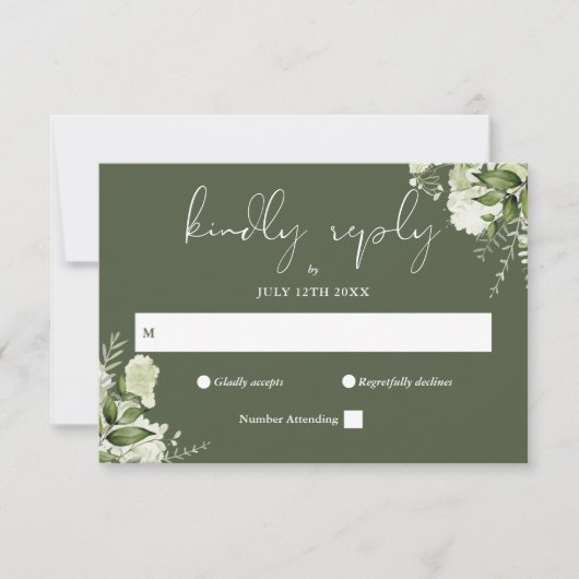 Elegante groene bloemige olijfgroene trouw RSVP kaartje (Voorkant)