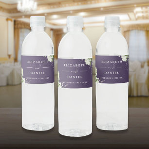 Elegante Groene Bloemige Paarse Bruiloft Waterfles Etiket