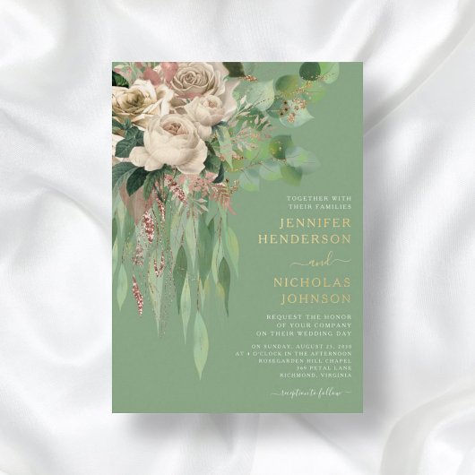 Elegante groene bloemige pioenrozen bruiloft folie uitnodiging