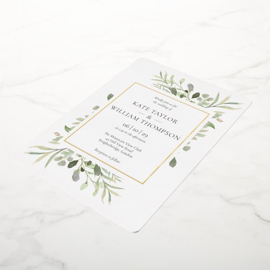 Elegante groene bloemige trouw goud folie uitnodiging (Gedraaid)