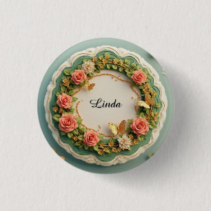 Elegante groene bloemrijke lijst met roze rozen ronde button 3,2 cm