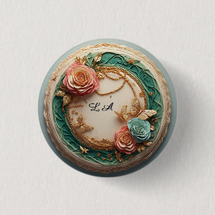 Elegante groene bloemrijke lijst met roze rozen ronde button 3,2 cm