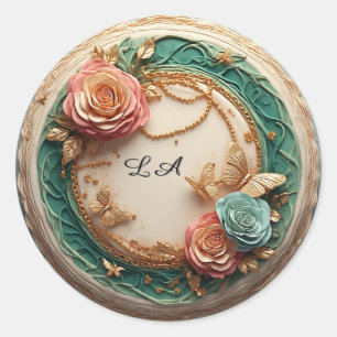 Elegante groene bloemrijke lijst met roze rozen ronde sticker