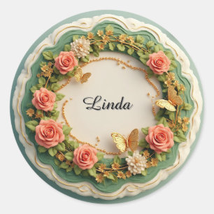 Elegante groene bloemrijke lijst met roze rozen ronde sticker
