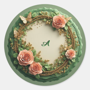 Elegante groene bloemrijke lijst met roze rozen ronde sticker