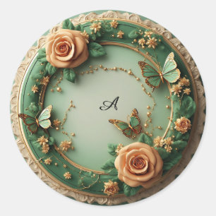 Elegante groene bloemrijke lijst met roze rozen ronde sticker