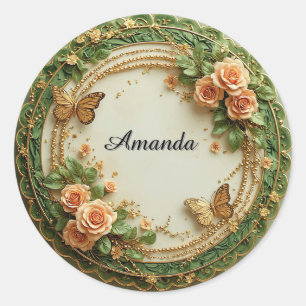 Elegante groene bloemrijke lijst met roze rozen ronde sticker