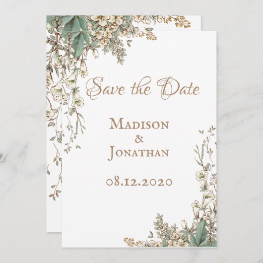 Elegante groene bloemrijke script bruiloft save the date (Voorkant / Achterkant)