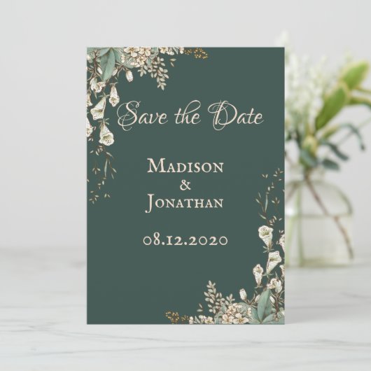 Elegante Groene Bloemrijke Scriptie Bruiloft Save The Date (Staand voorkant)
