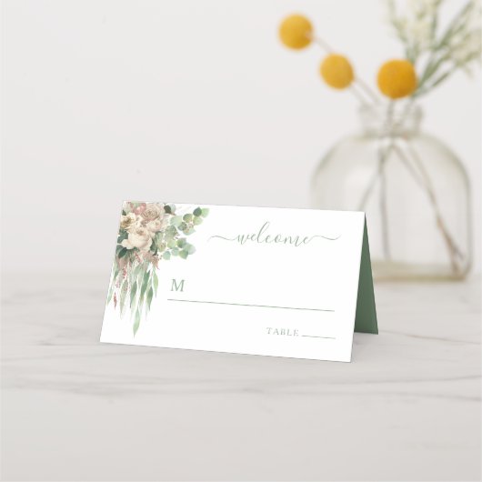 Elegante groene bloemrozen bruiloft plaatskaartje (Voorkant)