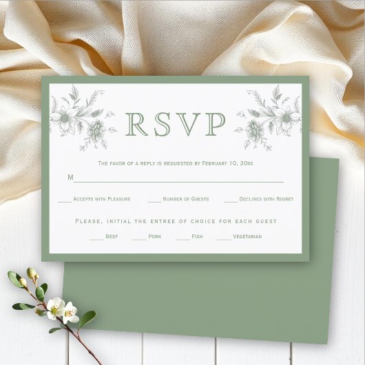 Elegante groene  bloemstuk bruiloft RSVP kaartje